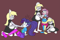 Size: 2581x1736 | Tagged: safe, artist:bugssonicx, derpibooru import, derpy hooves, rarity, sweetie belle, equestria girls, bondage, bound and gagged, clones, cloth gag, clothes, commission, cute, evil grin, female, french maid, gag, grin, headband, irritated, jacket, leggings, maid, makes just as much sense in context, multeity, music festival outfit, ponytail, rope, rope bondage, scared, siblings, sisters, smiling, socks, stuffed gag, tied up, triality