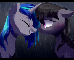 Size: 1600x1300 | Tagged: safe, artist:yaaaco, derpibooru import, dj pon-3, octavia melody, vinyl scratch, earth pony, pony, unicorn, alternate hairstyle, blushing, boop, cute, eyes closed, female, grin, lesbian, mare, night, noseboop, rain, scratchtavia, shipping, smiling, tavibetes, vinylbetes, wet, wet mane