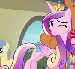 Size: 1504x1383 | Tagged: safe, derpibooru import, screencap, goldengrape, princess cadance, sir colton vines iii, spearhead, alicorn, pony, a flurry of emotions, cropped, female, mare, one eye closed, solo focus, wink