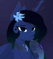 Size: 2699x3006 | Tagged: safe, artist:therealf1rebird, derpibooru import, princess luna, alicorn, pony, armor, cute, female, flower, flower in hair, horn, looking at you, mare, solo, wings