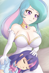 Size: 1080x1600 | Tagged: safe, artist:feudal-fiction, derpibooru import, princess celestia, twilight sparkle, human, equestria girls, big breasts, breasts, cleavage, clothes, eyes closed, gloves, human coloration, humanized, jewelry, long gloves, momlestia, necklace, princess breastia, regalia