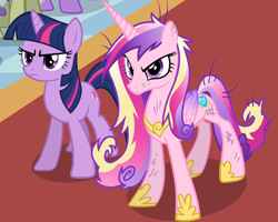 Size: 1920x1535 | Tagged: safe, derpibooru import, screencap, princess cadance, twilight sparkle, unicorn twilight, alicorn, pony, unicorn, a canterlot wedding, cropped, dirty, duo, female, mare, messy mane