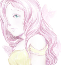 Size: 550x590 | Tagged: safe, artist:na-no-chan, derpibooru import, fluttershy, human, cutie mark background, female, humanized, solo