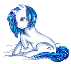 Size: 525x475 | Tagged: safe, artist:na-no-chan, derpibooru import, dj pon-3, vinyl scratch, pony, unicorn, female, raised hoof, simple background, sitting, solo, white background