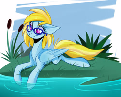 Size: 2500x2000 | Tagged: safe, artist:xvostik, derpibooru import, oc, oc only, oc:cloud cuddler, pegasus, pony, accessories, commission, cute, female, glasses, lake, relaxing, solo, water, ych result