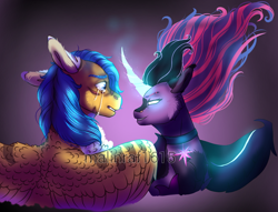 Size: 1052x804 | Tagged: safe, artist:malinraf1615, derpibooru import, flash sentry, midnight sparkle, twilight sparkle, twilight sparkle (alicorn), alicorn, pegasus, pony, equestria girls, chest fluff, corrupted, crying, female, flashlight, glowing eyes, glowing horn, gradient background, horn, male, scar, shipping, straight, watermark