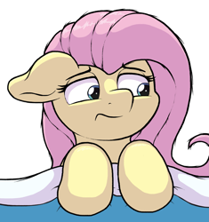 Size: 2825x3000 | Tagged: safe, artist:ljdamz1119, derpibooru import, fluttershy, pegasus, pony, bed, blanket, bust, female, floppy ears, high res, in bed, lidded eyes, looking away, mare, simple background, solo, tired, white background