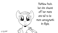 Size: 1200x675 | Tagged: safe, artist:pony-berserker, derpibooru import, rainbow dash, pegasus, pony, pony-berserker's twitter sketches, monochrome, razor blade, smiling