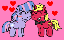 Size: 362x232 | Tagged: safe, artist:drypony198, derpibooru import, wind sprint, oc, oc:golder glint, blush sticker, blushing, bowtie, canon x oc, cute, female, floating heart, heart, male, pink background, shipping, simple background, straight