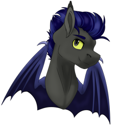 Size: 1747x1921 | Tagged: safe, artist:rokosmith26, derpibooru import, oc, oc only, oc:lunar sentry, bat pony, pony, bat wings, bust, looking up, male, portrait, short hair, short mane, simple background, smiling, solo, spread wings, stallion, transparent background, wings