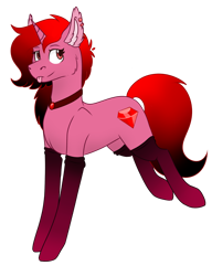 Size: 1092x1424 | Tagged: safe, artist:rokosmith26, derpibooru import, oc, oc only, oc:ruby madness, pony, unicorn, cheek fluff, clothes, ear fluff, female, horn, jewelry, long hair, long mane, looking at you, mare, necklace, piercing, red eyes, red mane, ruby, simple background, solo, stockings, tail, thigh highs, tongue out, transparent background