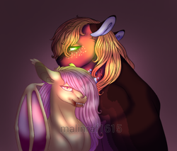 Size: 990x842 | Tagged: safe, artist:malinraf1615, derpibooru import, big macintosh, fluttershy, bat pony, earth pony, pony, bat ponified, bite mark, blood, corrupted, fangs, female, floppy ears, flutterbat, fluttermac, glowing eyes, gradient background, looking at you, male, race swap, shipping, slit eyes, straight, watermark