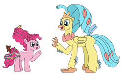 Size: 3264x1967 | Tagged: safe, artist:supahdonarudo, derpibooru import, pinkie pie, princess skystar, classical hippogriff, earth pony, hippogriff, pony, my little pony: the movie, confetti, older, older pinkie pie, older skystar, rubber duck, simple background, size difference, teddy bear, transparent background, waving