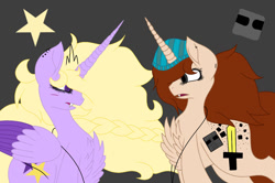 Size: 1084x720 | Tagged: safe, artist:saladstarry, derpibooru import, oc, oc only, oc:star heart, alicorn, pony, alicorn oc, chest fluff, duo, eyes closed, female, hat, horn, jewelry, mare, necklace, two toned wings, uniconr oc, wings