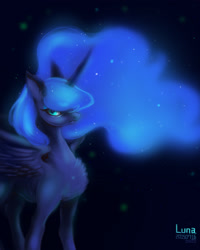 Size: 1280x1600 | Tagged: safe, artist:mirululu, derpibooru import, princess luna, alicorn, pony, black background, chest fluff, ear fluff, ethereal mane, female, mare, simple background, solo