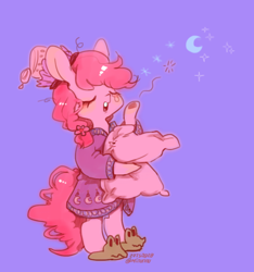 Size: 750x800 | Tagged: safe, artist:mirululu, derpibooru import, gummy, pinkie pie, earth pony, pony, alternate hairstyle, bipedal, clothes, crescent moon, cute, diapinkes, eyes closed, female, hat, hoof hold, mare, moon, nightcap, open mouth, pajamas, pillow, purple background, simple background, slippers, solo, yawn