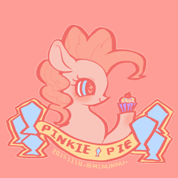 Size: 750x750 | Tagged: safe, artist:mirululu, derpibooru import, pinkie pie, earth pony, pony, bust, cupcake, cute, diapinkes, female, food, heart eyes, mare, pink background, portrait, profile, simple background, solo, wingding eyes