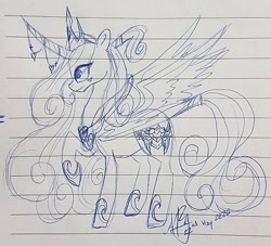 Size: 587x533 | Tagged: safe, artist:galaxy.in.mind, derpibooru import, princess cadance, princess flurry heart, alicorn, pony, curved horn, female, fusion, hoof shoes, horn, horn jewelry, jewelry, lineart, lined paper, mare, peytral, raised hoof, signature, solo, traditional art