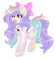 Size: 1080x1160 | Tagged: safe, artist:silentwolf-oficial, derpibooru import, oc, oc only, oc:candy star, pegasus, pony, :p, bow, chest fluff, ear fluff, hair bow, jewelry, multicolored hair, necklace, pegasus oc, rainbow hair, simple background, solo, tongue out, transparent background, two toned wings, wings