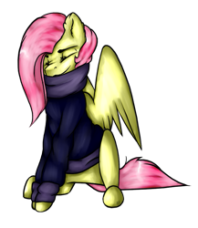 Size: 673x775 | Tagged: safe, artist:11-shadow, derpibooru import, fluttershy, pegasus, pony, clothes, cold, eyes closed, female, simple background, sitting, solo, sweater, transparent background