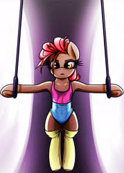 Size: 5906x8268 | Tagged: safe, alternate version, artist:jetwave, derpibooru import, oc, oc only, oc:dala vault, earth pony, pony, 80s, absurd resolution, bipedal, bra, clothes, crop top bra, dramatic lighting, earth pony oc, gymnastic rings, gymnastics, iron cross, leotard, looking at you, socks, solo, sweat, sweatdrop, thigh highs, thighs, underhoof, underwear