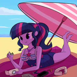 Size: 3375x3375 | Tagged: safe, artist:tjpones, derpibooru import, sci-twi, twilight sparkle, equestria girls, barefoot, beach, beach towel, beach umbrella, clothes, cute, drone, feet, female, lying down, missing accessory, no glasses, one-piece swimsuit, selfie drone, sleeveless, smiling, solo, swimsuit, the pose, twiabetes