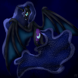 Size: 1700x1700 | Tagged: safe, artist:11-shadow, derpibooru import, nightmare moon, alicorn, bat pony, bat pony alicorn, pony, bat wings, ethereal mane, female, horn, mare, solo, starry mane, wings