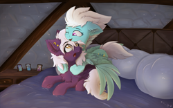 Size: 3840x2400 | Tagged: safe, artist:nighty, derpibooru exclusive, derpibooru import, fleetfoot, oc, oc:nighty cloud, pegasus, pony, bed, bedroom, blushing, canon x oc, chest fluff, cuddling, cute, ear piercing, earring, female, fireplace, fleetnight, fluffy, frog (hoof), happy, hug, jewelry, lesbian, looking at each other, lying down, mare, night, nightstand, on top, one eye closed, open mouth, piercing, pillow, prone, shipping, signature, surprised, tail fluff, underhoof, wings