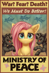 Size: 1536x2304 | Tagged: safe, artist:setharu, fluttershy, pegasus, pony, zebra, fallout equestria, caricature, crossover, demonization, fallout, fanfic, fanfic art, female, hooves, looking at you, mare, ministry mares, ministry of peace, poster, propaganda, red eyes, text, wings