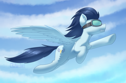 Size: 1693x1119 | Tagged: safe, artist:puetsua, soarin', pegasus, pony, cloud, flying, goggles, gritted teeth, male, old cutie mark, signature, sky, solo, spread wings, stallion, wings