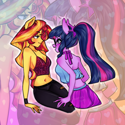 Size: 960x959 | Tagged: safe, artist:thomasray, sci-twi, sunset shimmer, twilight sparkle, alternate hairstyle, bedroom eyes, belly button, blushing, bra, bracelet, clothes, crop top bra, female, glasses, jeans, jewelry, lesbian, looking at each other, midriff, open mouth, pants, ponied up, ponytail, scitwishimmer, shipping, skirt, sleeveless, sunsetsparkle, torn clothes, underwear, zoom layer