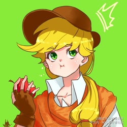 Size: 1024x1024 | Tagged: safe, artist:刚过千粉的噬云轩, artist:滿天星小面包, derpibooru import, applejack, human, anime, apple, applejack's hat, clothes, cowboy hat, eating, female, fingerless gloves, food, gloves, hat, humanized, looking at you, solo