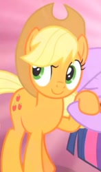 Size: 363x617 | Tagged: safe, derpibooru import, screencap, applejack, earth pony, pony, the beginning of the end, applejack's hat, confidence, confident, cowboy hat, cropped, female, get, happy, hat, holding hooves, offscreen character, smiling, solo focus, tag get, tag milestone