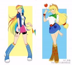 Size: 7538x6786 | Tagged: safe, artist:k_妙杨, derpibooru import, applejack, rainbow dash, equestria girls, boots, clothes, compression shorts, cowboy boots, cowboy hat, denim skirt, duo, female, hat, human coloration, looking at you, shoes, skirt, smiling at you, standing