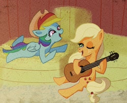 Size: 1311x1062 | Tagged: safe, artist:camaleao, derpibooru import, applejack, rainbow dash, earth pony, pegasus, pony, appledash, applejack's hat, barn, cowboy hat, cute, dashabetes, female, guitar, hat, jackabetes, lesbian, musical instrument, shipping