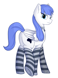 Size: 2583x3435 | Tagged: safe, alternate version, artist:starlight, derpibooru import, oc, oc only, oc:snow pup, pegasus, pony, clothes, collar, flirty, lidded eyes, lifted leg, looking back, pet tag, simple background, socks, solo, striped socks, transparent background