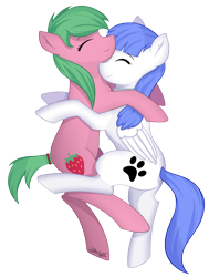 Size: 5000x6598 | Tagged: safe, artist:starlight, derpibooru import, oc, oc only, oc:pine berry, oc:snow pup, earth pony, pegasus, pony, collar, cuddling, eyes closed, folded wings, nuzzling, simple background, transparent background, wings