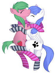 Size: 5000x6598 | Tagged: safe, alternate version, artist:starlight, derpibooru import, oc, oc only, oc:pine berry, oc:snow pup, earth pony, pegasus, pony, clothes, collar, cuddling, eyes closed, folded wings, nuzzling, scarf, simple background, socks, striped socks, transparent background, wings