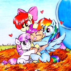 Size: 2322x2322 | Tagged: safe, artist:liaaqila, derpibooru import, apple bloom, rainbow dash, scootaloo, sweetie belle, earth pony, pegasus, pony, unicorn, best pony, cannon, cute, cutealoo, group hug, hay, heart, heartwarming, hug, nest, party cannon, pony cannonball, scootachicken, scootalove, traditional art