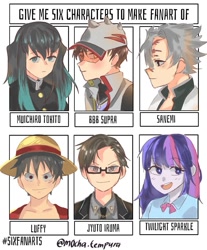 Size: 1039x1253 | Tagged: safe, derpibooru import, twilight sparkle, human, equestria girls, :d, boboiboy, bust, clothes, crossover, female, glasses, hst, hypnosis mic, kimetsu no yaiba, male, monkey d luffy, necktie, one piece, open mouth, six fanarts, smiling, visor