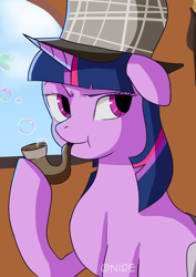 Size: 2480x3508 | Tagged: safe, artist:nire, derpibooru import, twilight sparkle, unicorn twilight, pony, unicorn, mmmystery on the friendship express, bubble pipe, deerstalker, detective, female, hat, mare, pipe, sherlock holmes, solo, solo female