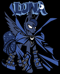 Size: 1112x1380 | Tagged: safe, artist:samoht-lion, derpibooru import, princess luna, alicorn, pony, black background, cape, clothes, crossover, female, luna spawn, mare, needs more jpeg, simple background, solo, spawn, spiked bracers, spikes, watermark, white eyes