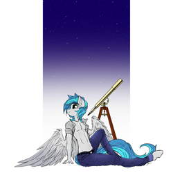 Size: 1500x1500 | Tagged: safe, artist:mirapony, derpibooru import, oc, oc only, anthro, pegasus, unguligrade anthro, clothes, digital art, looking away, male, pants, pegasus oc, shirt, simple background, solo, spread wings, telescope, wings