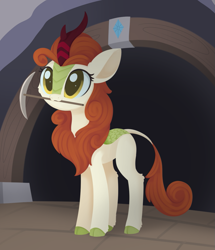 Size: 1167x1356 | Tagged: safe, artist:dusthiel, derpibooru import, autumn blaze, kirin, awwtumn blaze, cute, mine, mouth hold, pickaxe, solo