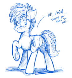 Size: 2796x3000 | Tagged: safe, artist:buckweiser, derpibooru import, oc, oc only, oc:buckminster, earth pony, pony, blushing, butt, male, plot, presenting, sketch, solo, stallion