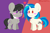 Size: 1280x840 | Tagged: safe, artist:elevantia, derpibooru import, dj pon-3, octavia melody, vinyl scratch, earth pony, pony, unicorn, blush sticker, blushing, chest fluff, chibi, cute, dot eyes, ear fluff, female, heart, lesbian, lineless, looking at each other, mare, raised leg, scratchtavia, shipping, smiling, split screen, standing, tavibetes, vinylbetes