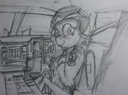 Size: 680x505 | Tagged: safe, artist:buckweiser, derpibooru import, fluttershy, pegasus, pony, b-2 spirit, cockpit, pilot, sketch, smiling, solo, stealth bomber, traditional art