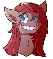 Size: 1900x2100 | Tagged: safe, artist:elevantia, derpibooru import, pinkie pie, earth pony, pony, blood, bust, crying, eyebrows visible through hair, female, mare, messy mane, pinkamena diane pie, portrait, shrunken pupils, simple background, smiling, solo, transparent background