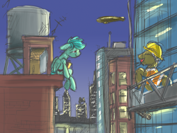 Size: 4000x3000 | Tagged: safe, artist:buckweiser, derpibooru import, pegasus, airship, city, cityscape, construction pony, happy, looking at each other, random oc, sketch, talking, water tower, zeppelin