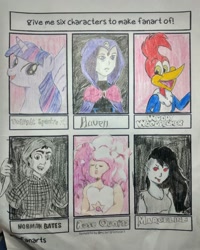 Size: 1080x1350 | Tagged: safe, artist:calmonarts, derpibooru import, twilight sparkle, twilight sparkle (alicorn), alicorn, anthro, bird, human, pony, adventure time, anthro with ponies, bust, crossover, female, male, marceline, mare, norman bates, open mouth, psycho, raven (teen titans), rose quartz (steven universe), six fanarts, smiling, steven universe, teen titans, traditional art, woodpecker, woody woodpecker